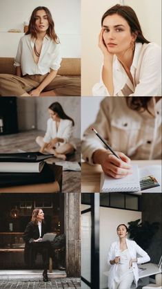 a collage of photos with women sitting on the floor and one holding a pen in her hand