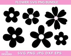 the flower svg bundle is shown in black and white, with four petals on each side