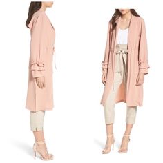 Purchased At Nordstrom's. Brand New Never Worn. Size Large. Features A Gathered Drawstring Waist, Ruffled Sleeves. Two Functional Open Side Pockets. Size Info True To Size. L=12-14 Details & Care A Long, Fluid Jacket In A Soft Pink Hue With A Drawstring Waist And Ruffled Cuff Will Coordinate With Your Whole Closet. 41" Length (Size Medium) Draped Neck Long Sleeves Side-Seam Pockets Adjustable Drawstring Waist 96% Polyester, 4% Spandex Machine Wash, Line Dry Imported Savvy Chic Summer Outerwear For Brunch, Chic Summer Brunch Outerwear, Feminine Spring Outerwear For Daywear, Feminine Spring Outerwear For Day Out, Chic Outerwear For Spring Brunch, Chic Fitted Outerwear For Daywear, Chic Fall Outerwear For Brunch, Chic Fitted Outerwear For Brunch, Elegant Spring Outerwear For Brunch