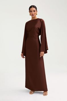 Batool Satin Maxi Dress - Chocolate Clothing Veiled Gowns Dresses Cotton, Luxury Raw Silk Gown With Naqshi Detailing, Long Sleeve Maxi Dress Formal Classy, Modest Dresses Wedding Guest, Longsleeve Bridesmaid Dresses, Modest Wedding Dresses Guest, Long Sleeve Long Dress Formal, Satin Prom Dress With Sleeves, Brown Modest Dress