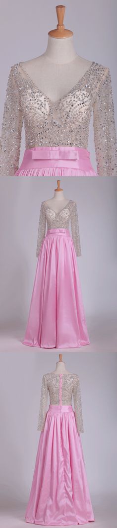 2019 manga larga de cuello en V tafetán vestidos de baile con rebordear la longitud del piso una línea Long Sleeve Gown For Debutante Ball, Pink Long Sleeve Dress For Debutante Ball, Pink Long Sleeve Satin Gown, Pink Satin Long Sleeve Gown, Pink Long-sleeved Satin Gown, Pink Long Sleeve Gown For Prom Season, Pink Long Sleeve Gown For Prom, Pink Long Sleeve Prom Gown, Long Sleeve Satin Gown With Sweep Train