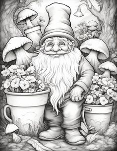 a black and white drawing of a gnome with potted plants in front of mushrooms