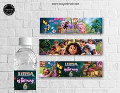 three water bottles with the names of different movies on them, and an image of dora's palace