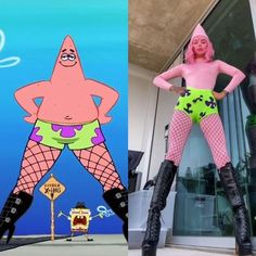 a woman in pink and green is standing next to a cartoon character wearing fishnet stockings