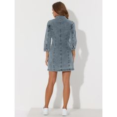 Enliven your wardrobe with this cute denim shirt dress. This piece is cut to a flattering mini length and features a classic collar neckline and the front button placket. It creates a feminine silhouette and is finished with shiny buttons and contrast stitching. Pair it with canvas trainers for the perfect off-duty ensemble. Occasion: holiday, weekend gathering, daily wear, etc. Fall Mini Denim Dress With Button Closure, Fall Denim Dress With Button Closure, Mini Length Denim Dress With Button Closure For Work, Mini Denim Dress With Button Closure For Work, Fitted Long Sleeve Washed Denim Dress, Knee-length Medium Wash Mini Dress For Work, Knee-length Mini Dress For Work, Fitted Collared Denim Dress With Buttoned Pockets, Fitted Denim Blue Shirt Dress With Buttons