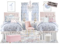 a bedroom with blue and pink bedding, chandelier, chair, rugs and pictures on the wall