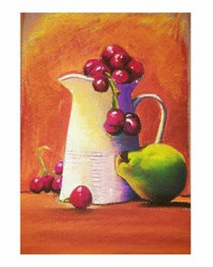 a painting of cherries and a pitcher on a table