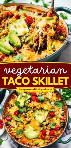 Looking for more vegetarian food ideas for dinner? Try this Vegetarian Taco Skillet! It's made with beans, quinoa, vegetables, cheese, and your favorite Mexican flavors. Pin this delicious vegetarian dinner recipe! Vegetarian Taco Skillet, Skillet Veggie Nachos, Meatless Supper Ideas, Veggie Taco Recipes, Meatless Gluten Free Dinners, One Pan Mexican Skillet, Vegetarian Mexican Dinner, Low Carb Dinner Recipes Vegetarian, High Protein Meatless Dinner Ideas