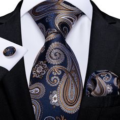 Luxury Blue Gold Paisley Tie Set is made of high-quality silk, soft and comfortable to wear. Perfect blending of retro and vogue styles that will look fashionable and eye-catching. Can be washed by hand, easy to clean. Ties Type: Neck Tie Set Tie Size: One size 59.06''(150cm) length and 3.35''(8.5cm) width Tie Set: Tie Hanky Cufflinks Set Pattern Type: Paisley Mens Accessory: Fashion Mens Ties Material: Silk *Note Delivery Time: Due to the current global crisis (COVID-19), shipping time may be d Mens Closet, Classic Suits, Guy Style, Gold Paisley, Necktie Set, Tie For Men, Unique Ties, Paisley Tie, Tie Men's