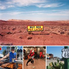 a collage of photos with people and signs in the desert, cactuses, street signs, and other things