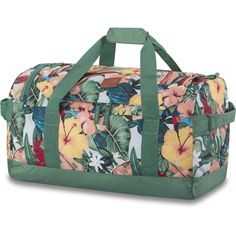 a duffel bag with tropical flowers on it