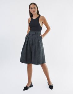 High-waisted knee-length shorts IPANTS.A wide waistband along with front pleats highlight the waist and make it visually thinner. Bermuda shorts are made from 100% striped wool in dark grey color and have an extra lining to be more pleasant to the body. Shorts have comfortable side pockets and faux pockets on the back. Belt loops, zip, and hook-and-eye closures on the middle.Composition: 100% woolLining: 100% viscoseCare: We recommend a professional dry clean. Do not wash. Do not bleach. Do not Body Shorts, Knee Length Shorts, Dark Grey Color, Wide Waistband, Grey Color, Bermuda Shorts, Dark Grey, Knee Length, Gray Color