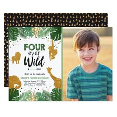 Four Ever Wild Safari Animal Boy Birthday Invitation #birthday #safari #blackand #boy #jungle #Invitation #kids #birthday #kidsbirthday #partyanimal #animals #event planning #partyideasforkids #partyideas Four Ever Wild, Tropical Safari, Tropical Birthday, Wild Safari, Mermaid Birthday Invitations, Photo Birthday Invitations, Jungle Birthday, Boy Birthday Invitations, Fourth Birthday