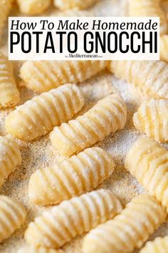 how to make homemade potato gnocchi on a baking sheet with text overlay