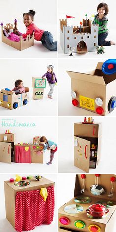 a collage of photos with cardboard boxes and toys