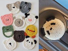 there are crocheted animal coasters in the sink