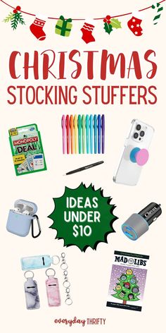 christmas stocking stuff is on display with the words, ideas under $ 10 and other items