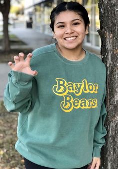 Baylor Bears Womens Retro Shadow Crew Sweatshirt - 16650943 Green Relaxed Fit Tops For Sports Season, Green Crew Neck Top For Game Day, Fall Fan Gear Tops With Lettering, Casual Tops With Fan Gear Lettering, Casual Tops With Lettering For Fan Gear, Green Long Sleeve Tops For School Spirit, Game Day Green Sweatshirt With Team Spirit, Green Collegiate Sweatshirt For Game Day, Green Collegiate Top With Relaxed Fit