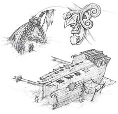 some drawings of an old ship and another one with a dragon head on the side