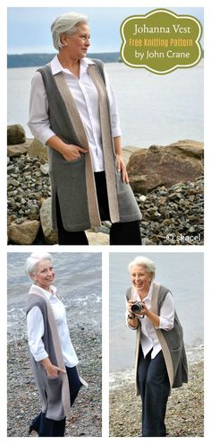 two pictures of an older woman standing on the beach with her hands in her pockets