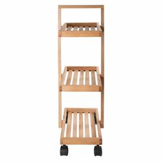 a wooden shelf with wheels on the bottom and two shelves on the top, one is empty