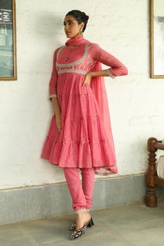 Dusty pink tiered anarkali with embroidered bodice using zari and sequin work. Paired with a pant and dupatta. - Aza Fashions Kurta Set With Dupatta, Silk Kurta Set, Embroidered Bodice, Silk Kurta, Sustainable Fashion Brands, Kurta Set, Pant Set, Embroidered Silk, Anarkali