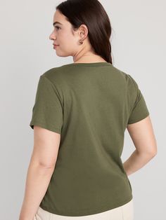 rib-knit v-neck short sleeves relaxed fit hits below waist models are approx.  5'9" and wear sizes s (size 4), l (size 12), and xl (size 18)Machine wash cold, tumble dry low.  cotton 100% Casual Green V-neck Short Sleeve Top, Casual V-neck Plain Top, Casual Cotton V-neck Top, Green Relaxed Fit V-neck T-shirt, Solid Color Relaxed Fit Short Sleeve V-neck Top, Solid Color Relaxed Fit V-neck Short Sleeve Top, Relaxed Fit Solid Color V-neck Short Sleeve Top, Solid Color V-neck Short Sleeve Top With Relaxed Fit, Casual Cotton V-neck Top With Short Sleeves