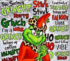 the grinch is sitting down with his hand on his chin and wearing a leopard print