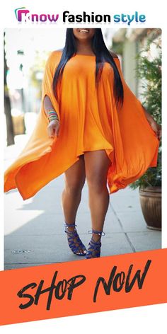 knowfashionstyle Orange Fashion Casual Solid Off the Shoulder Bat Sleeve Irregular Dress Bat Sleeve, Orange Fashion, Fashion Casual, High Low Dress, High & Low, Off The Shoulder, Casual Dresses, Bat, Casual Fashion