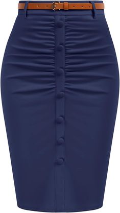 Business Style Navy Blue Belted Button Down Pencil Skirt – Bella Valentina Skirts For Work, Slim Fit Skirts, Pencil Skirt Work, Skirt With Belt, Timeless Chic, Pencil Skirt Dress, Stylish Skirts, Professional Wardrobe, Business Style