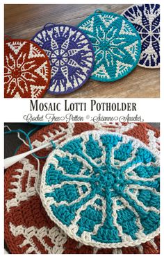 three crocheted coasters with the words mosaic lotti potholder