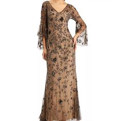 Adrianna Papell V-Neck Bell Sleeve Beaded Floral Gown Long Dress Size 4. Stunning From Shoulder To Shoe, This Adrianna Papell Gown Shimmers And Shines With Intricate Beaded Details And Flowy Bell Sleeves. Bell Sleeves Lined V-Neck; Gown Silhouette Damage To Beading Can Occur During Try-On Or Wear Floor-Length Formal Dress Back Zipper Closure Long Mothers Dress Bohemian, Formal Beaded V-neck Evening Dress, Elegant V-neck Sequin Gown, Beaded V-neck Evening Dress For Wedding, Embellished V-neck Maxi Dress For Formal Occasions, Formal Embellished V-neck Maxi Dress, Embellished V-neck Mother Of The Bride Dress For Evening, Embellished V-neck Evening Dress For Mother Of The Bride, Embellished V-neck Mother Of The Bride Evening Dress