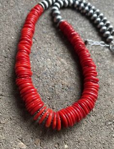 Sterling Silver Red Coral with Navajo Pearls Bead Necklace. 18 inch Artisan Red Necklaces With Spacer Beads, Western Style Red Jewelry As Gift, Artisan Hand-strung Red Jewelry, Handmade Southwestern Red Jewelry, Southwestern Hand-strung Red Jewelry, Red Southwestern Hand-strung Jewelry, Southwestern Red Necklace With Polished Beads, Southwestern Red Jewelry With Gemstone Beads, Southwestern Style Red Necklace With Polished Beads