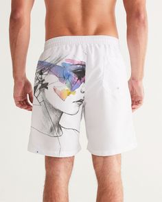 "Get ready to make a splash with these unique Abstract Lady Swim Trunks by Frances Pierre-Giroux. Featuring a playful abstract design, these swim trunks are sure to turn heads. Stay stylish and comfortable at the beach or pool with these must-have men's swim trunks. (Fun in the sun never looked so good!)" About The Art Product Details Head to the beach in our classic fit Men's Swim Trunks made with comfort in mind. With an adjustable drawstring waistband, its smooth and durable materials made with UPF 50+ gives you premium UV protection. Soft, lightweight fabric Drawstring waistband UPF 50+ Built-in mesh brief Two side, one back slip pocket Printed, cut, and handmade Size & Fit Runs true to size Inseam 7" Measurements vary, +/- 0.5" per size Model is 6'2" wearing size Large Material & Care Mens Swim Trunks, Man Swimming, Drawstring Waistband, Swim Trunks, Swim Trunk, Mens Fitness, Womens Swim, Fabric Weights, How To Wear