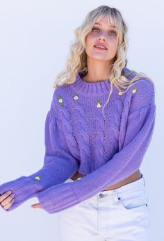 CALIstyle Spring In The Alps Embroidered Sweater In Lavender Spring Cropped Sweater With Ribbed Collar, Purple Sweater With Ribbed Cuffs For Spring, Spring Fitted Cable Knit Cropped Sweater, Fitted Cable Knit Cropped Sweater For Spring, Spring Cropped Cable Knit Sweater, Cable Knit Vest, Ivory Flower, Bella Hadid Style, Summer Wedding Outfits