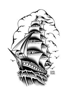 a black and white drawing of a ship