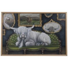 a painting of an animal on a couch with other animals in the back ground behind it