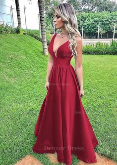 A Line V Neck Sleeveless Long Floor Length Satin Prom Dress Outfits For Women With Pleated V-neck Sleeveless Dress For Prom Season, A-line Maxi Dress For Prom, Sleeveless V-neck Prom Dress, Sweep Train Prom Dress, Navy Prom Dresses, Dark Red Dresses, Pleated Gown, Dress With Pleats, Red Dresses Classy