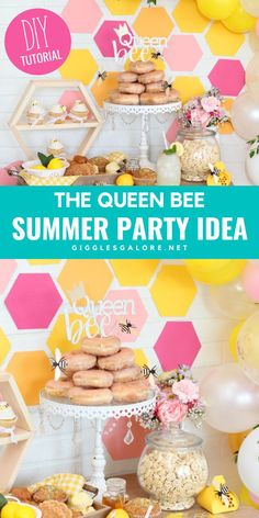 the queen bee summer party idea with donuts, lemons and honeycombs