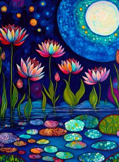 a painting of water lilies with the moon in the background