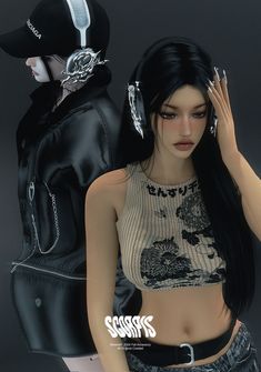 a woman with long black hair standing next to a mannequin wearing a leather jacket