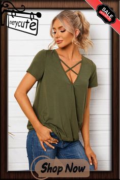 Solid Criss-cross V-neck Short Sleeve Casual T-shirt Trendy Stretch Cross-tied Tops, Trendy Stretch Crisscross Tops, Trendy Summer Top With Crisscross Neckline, Trendy Summer Tops With Crisscross Shape, Trendy Crisscross Top For Summer, Stretch Crisscross Cross-tied Tops, Stretchy Cross-tied Crisscross Tops, Trendy Crisscross Summer Tops, Casual Cross-tied Top For Summer