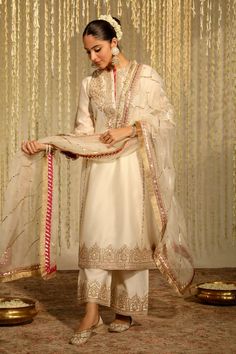 Buy Ivory Kurta And Palazzo Silk Chanderi Embroidery Mahika A-line Set For Women by Sheetal Batra Online at Aza Fashions. Ivory Suit, Kurta And Palazzo, A Line Kurta, Ivory Silk, Indian Fashion Designers, Embroidery Suits, Suit Designs, Silk Organza, Red Silk