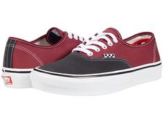 Vans Skate Authentic - Men's Shoes : Asphalt/Pomegranate Textile : Step that shoe game up a notch and skateboard with confidence in the Vans Skate Authentic lace-up shoes. These Vans are subtle but make a cool statement as they pair well with just about anything in the wardrobe. Grab that board and make incredible moves in style as these shoes also provide great support for the feet, allowing maximum performance. Cushioning and impact protection helps lessen leg fatigue for longer skate sessions Long Skate, Vans Skate, Mens Vans, Vans Authentic Sneaker, Shoe Game, Lace Up Shoes, Vans Sneaker, Pomegranate, Skateboard