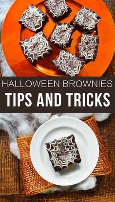 halloween brownies on a plate with text overlay