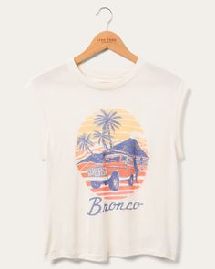 Women's Ford Bronco Sunset Vintage Tissue Tank | Junk Food Clothing Vintage Tank T-shirt For Summer, Vintage Soft-washed Summer Tops, Vintage Soft-washed Tops For Summer, Retro Summer Muscle Tee With Graphic Print, Retro Muscle Tee With Graphic Print For Summer, Retro Graphic Print Muscle Tee For Summer, Vintage Crew Neck Muscle Tee For Summer, Vintage Summer Tank T-shirt, Vintage Graphic Muscle Tee For Summer