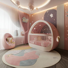 a baby's room decorated in pink and white with stars on the ceiling, crib bed and rocking chair