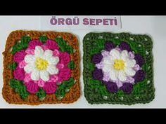 two crocheted squares with flowers on them