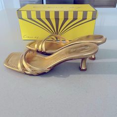 Circus Ny By Sam Edelman, Gold Kitten Heels- 2 Inch, Brand New In Box, Never Worn, Size 8 1/2 Gold Heels With Heel Loop And Medium Width, Gold Square Toe Heels With 4-inch Heel, Spring Gold Heels, Gold Low Heel Synthetic Heels, Gold Synthetic Low Heel Shoes, Classic Gold Heels With Padded Heel, Gold Synthetic Low Heel Heels, Gold Heels With Wrapped Heel And Almond Toe, Fitted Gold Heels With Square Toe