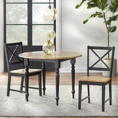 a dining room table with two chairs and a potted plant on the rug in front of it